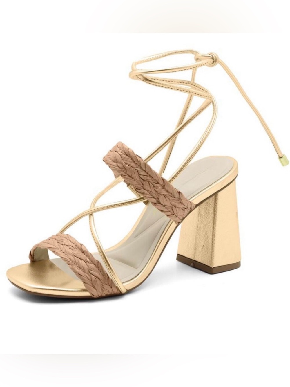 NEW Designer Tan/Gold Tie Up Block Heels